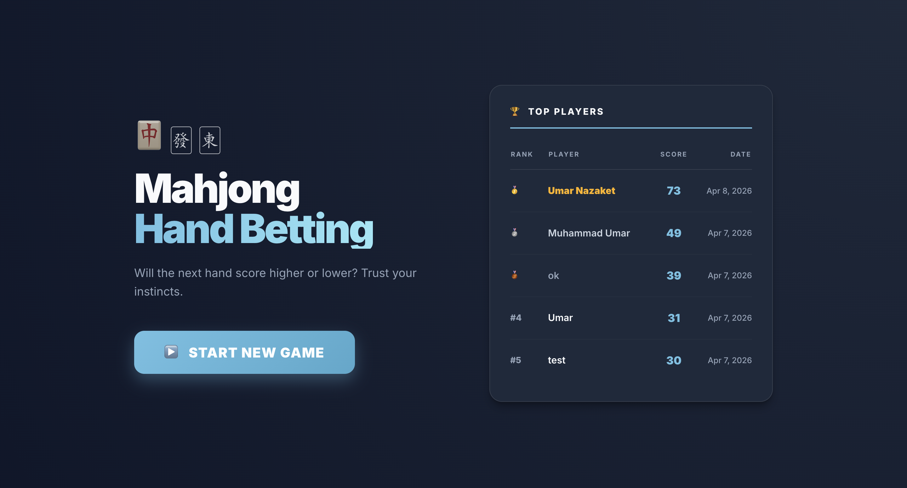 Mahjong Hand Betting Game Angular Leaderboard
